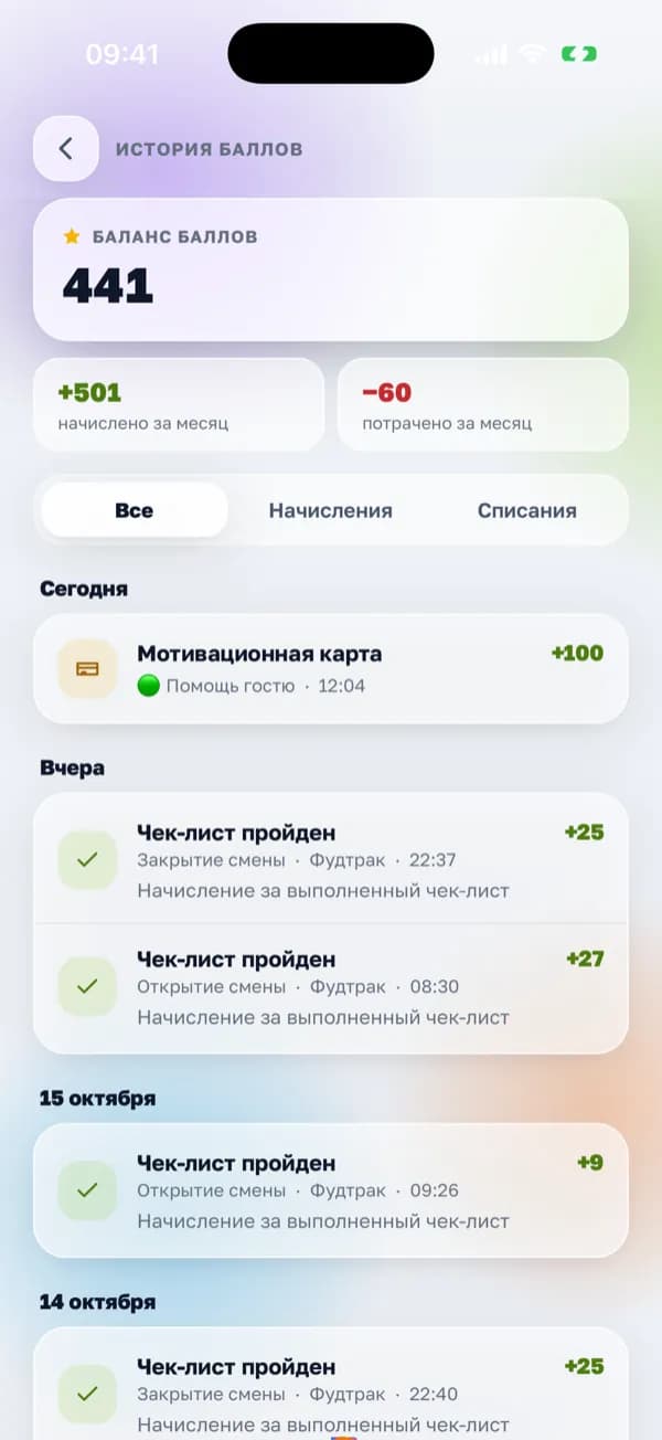 История баллов в приложении «Смена»: баланс, начислено и потрачено за месяц, баллы за чек-листы и мотивационную карту