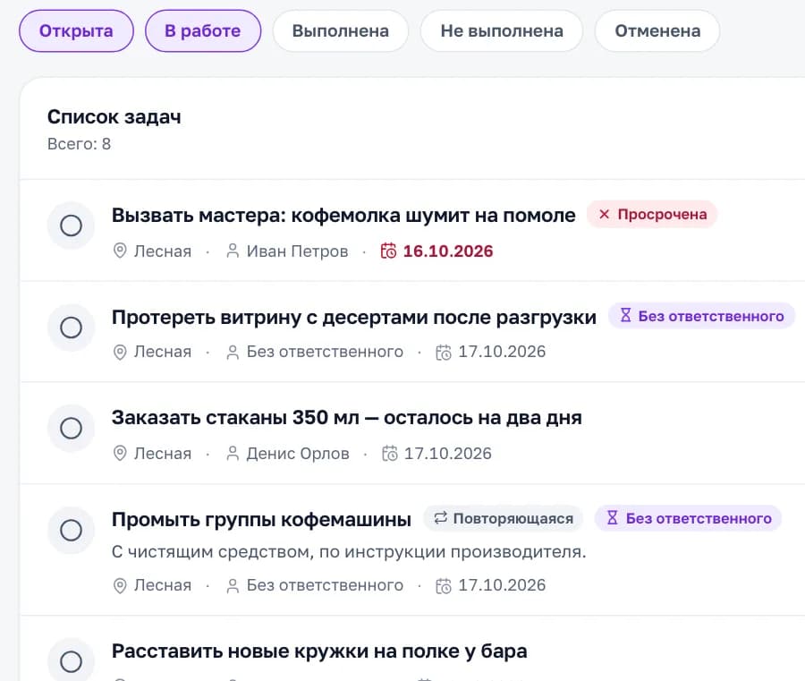 Задачи в кабинете «Смены»: просроченная задача, общая задача без ответственного, локация, ответственный и срок