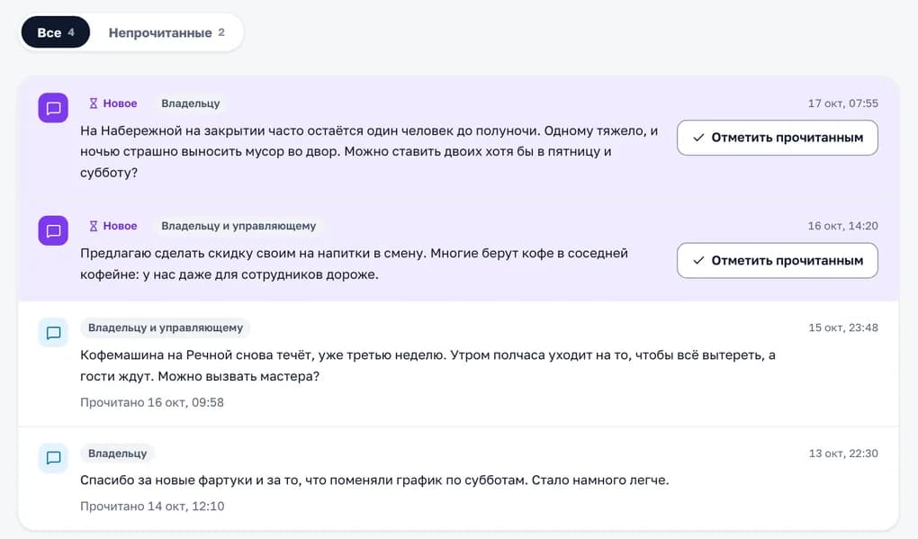 Анонимные сообщения в кабинете «Смены»: текст, время и кому адресовано — владельцу или владельцу и управляющему, кнопка «Отметить прочитанным»
