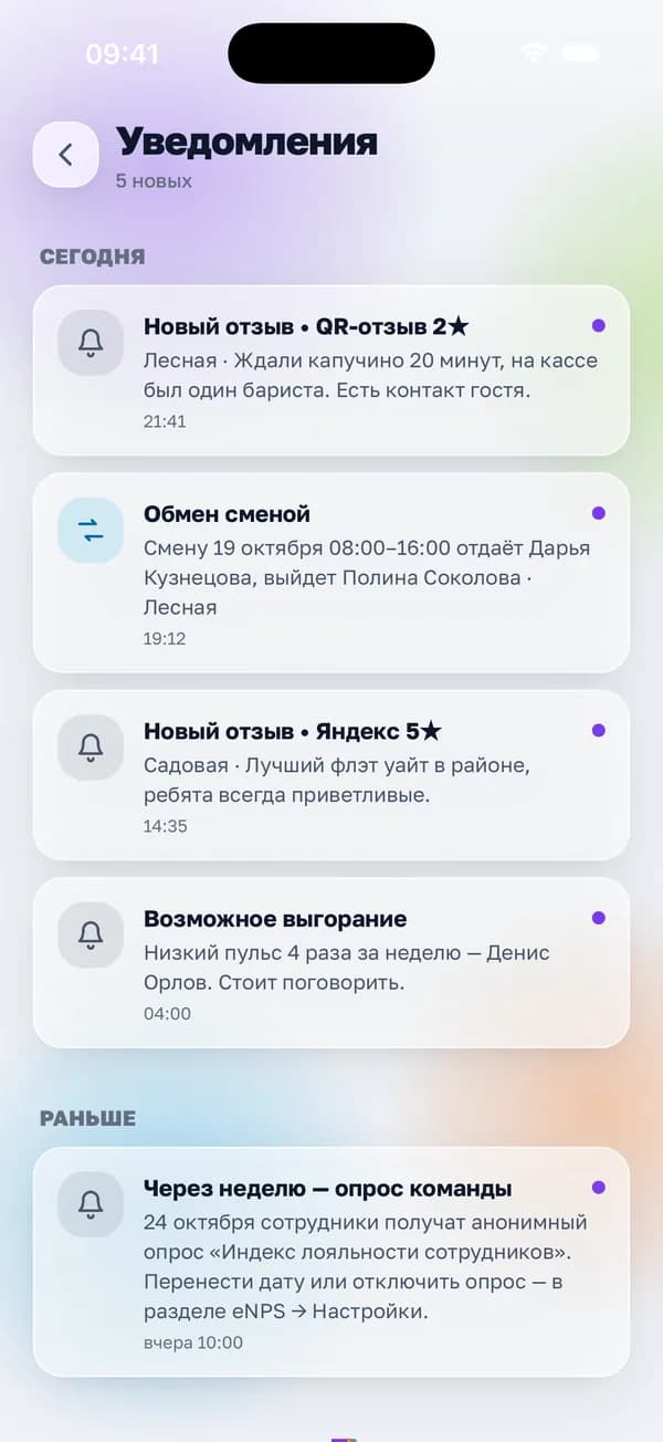 Уведомления владельца в приложении «Смена»: новый отзыв, обмен сменой, возможное выгорание и предупреждение об опросе команды